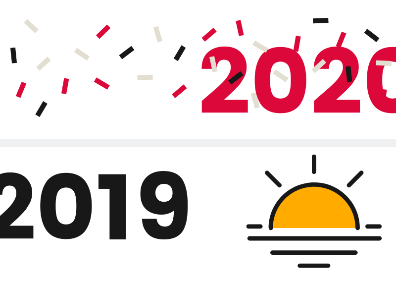 Graphic showing end of 2019 and start of 2020 with sunset and confetti